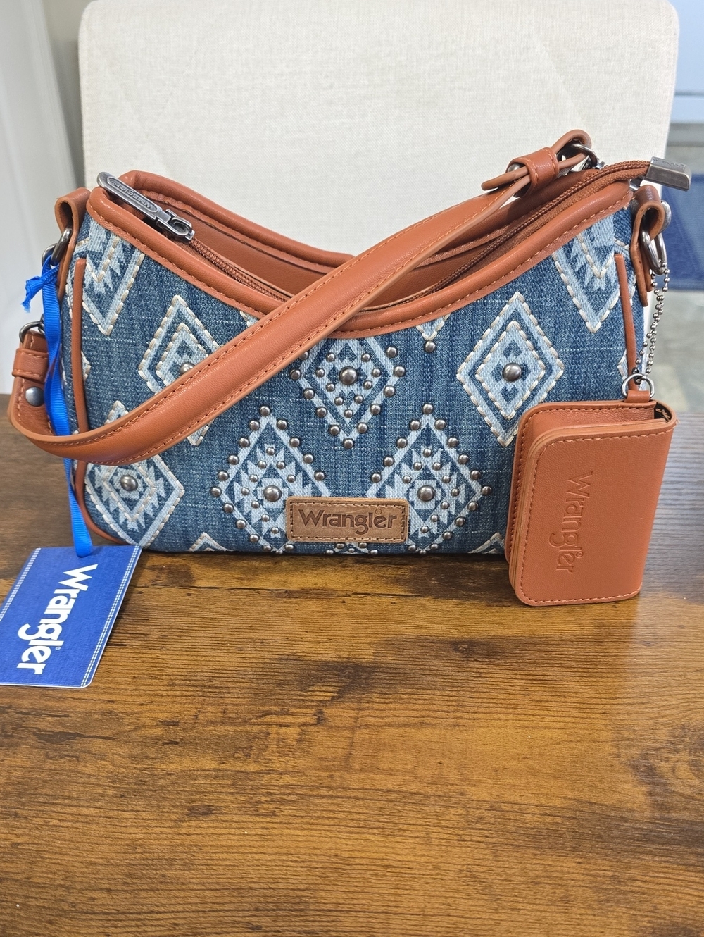 Wrangler Aztec Studded Denim Shoulder Bag with Mini Pouch